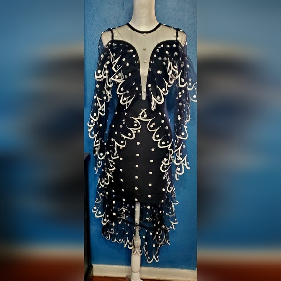 New ATHENA Dress Black Sheer With Polka-Dots & RUFFLES Bustier Cocktail Sz S - Picture 3 of 10